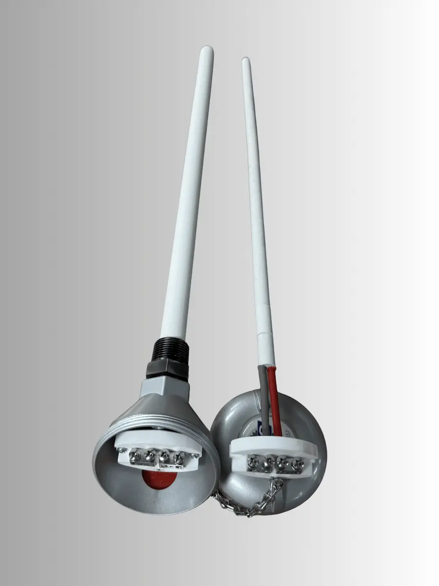 Type K ceramic crematory thermocouple assembly with 3/4 inch NPT fitting, mullite protection tube, and aluminum connection head